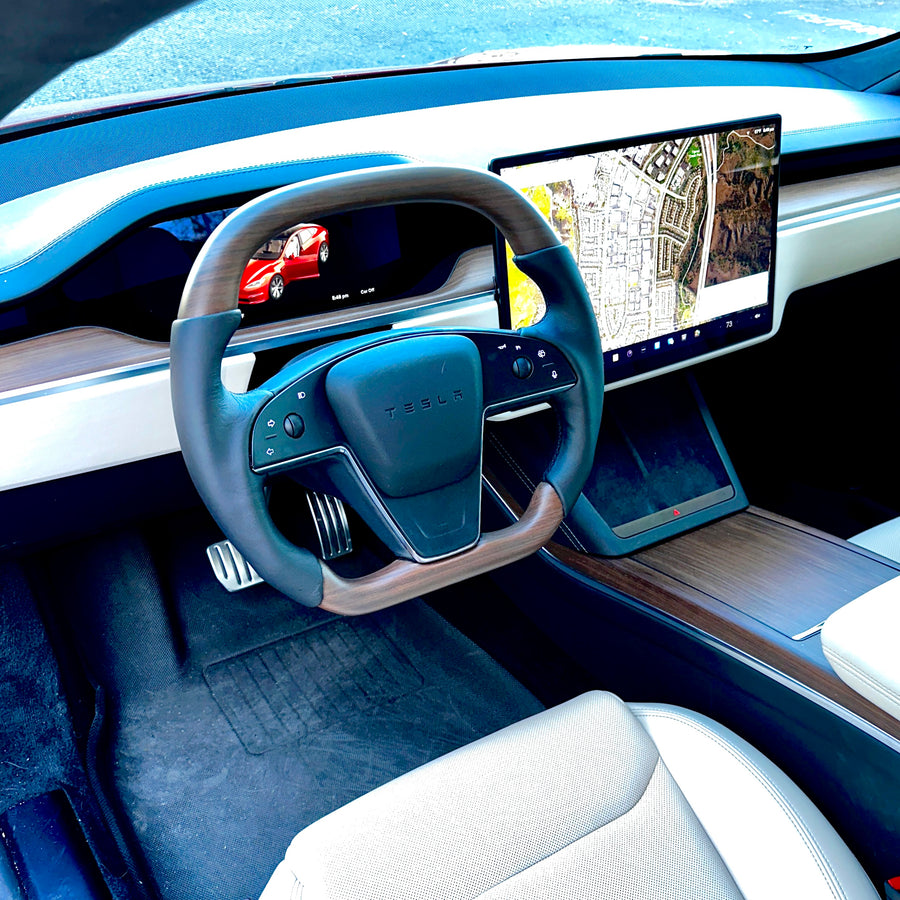 2021+ | Model S & X Yoke Round Sport Steering Wheel - Walnut Decor Wood Matching
