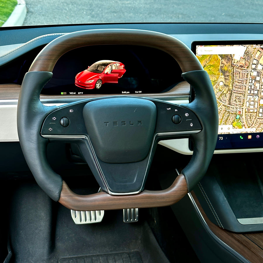2021+ | Model S & X Yoke Round Sport Steering Wheel - Walnut Decor Wood Matching