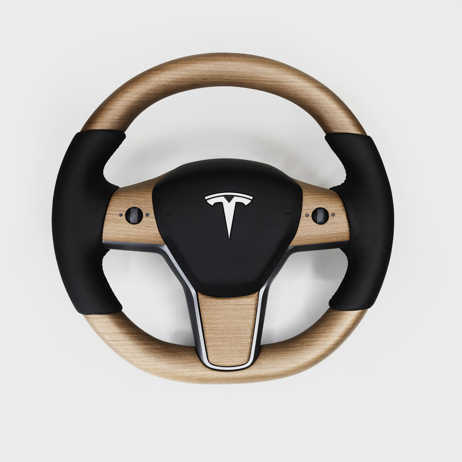 Model 3 & Y Steering Wheel Overlay (3 Piece) - Real Open-Pore Wood Veneer