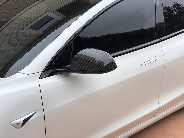 Model 3 Side View Mirror Caps Overlays (1 pair) - Real Molded Carbon Fiber