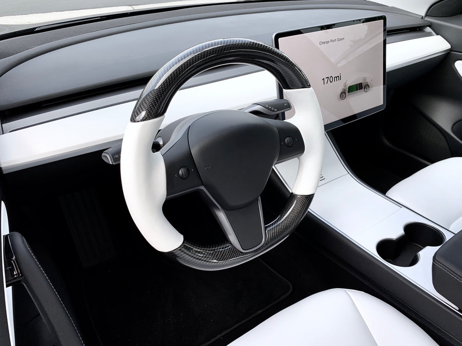 Tesla Model 3/Y Alcantara/Carbon-Lenkrad, weiße Details – LZ-Customs