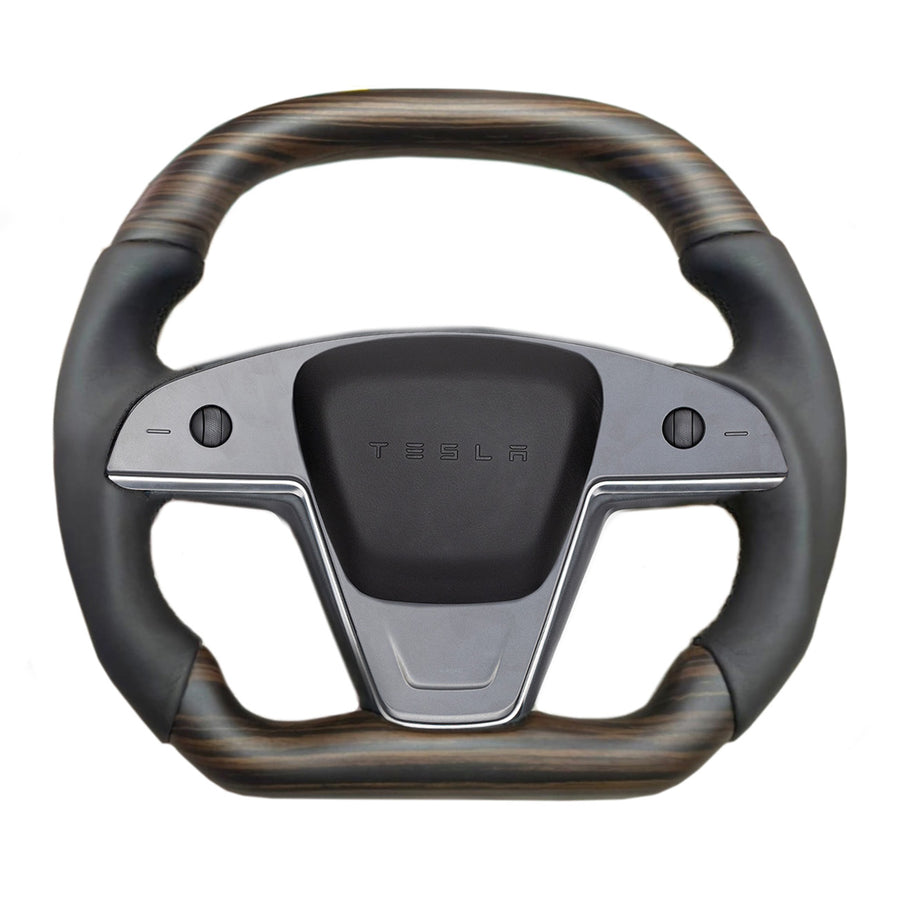 2021+ | Model S & X Yoke Round Sport Steering Wheel - Ebony Decor Wood Matching